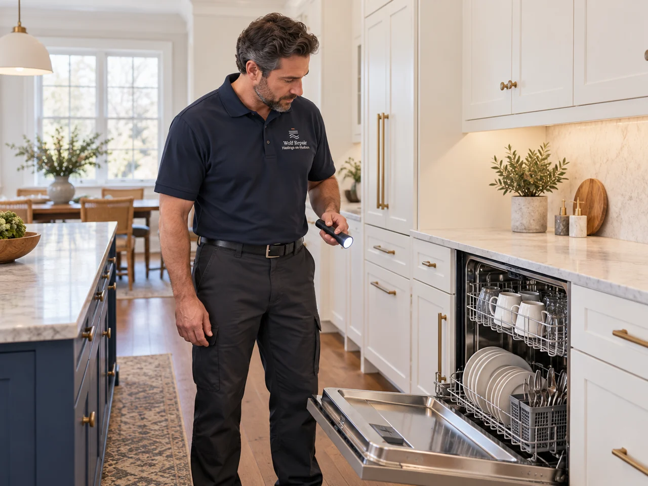 Illustration of a technician wearing the Wolf Repair Hastings-on-Hudson logo beside a Thermador dishwasher